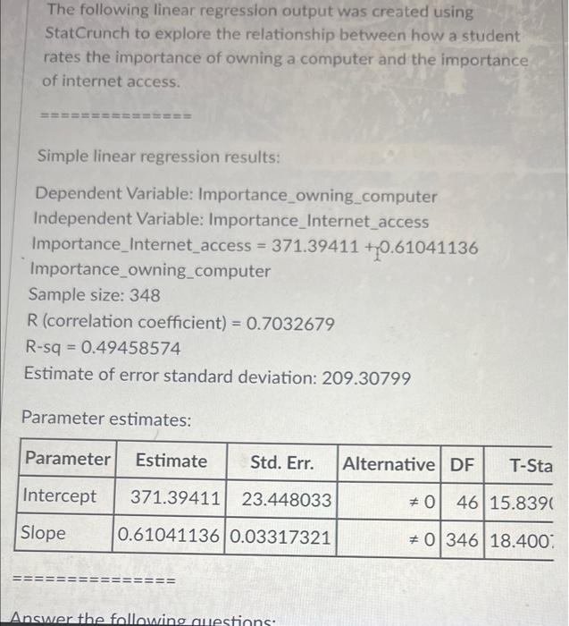 Solved The following linear regression output was created | Chegg.com