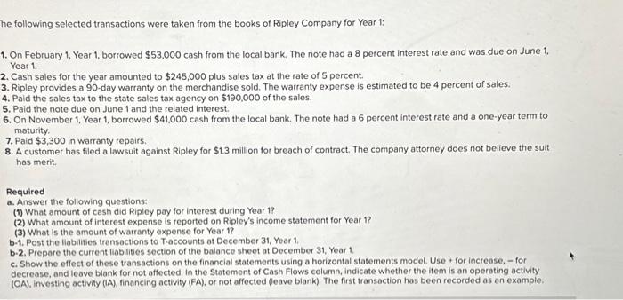 Solved he following selected transactions were taken from | Chegg.com