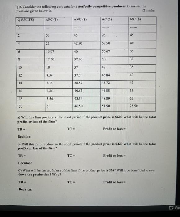 Solved 116 Consider the following cost data for a perfectly | Chegg.com