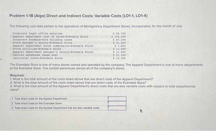 Solved Problem 1-18 (Algo) Direct And Indirect Costs; | Chegg.com