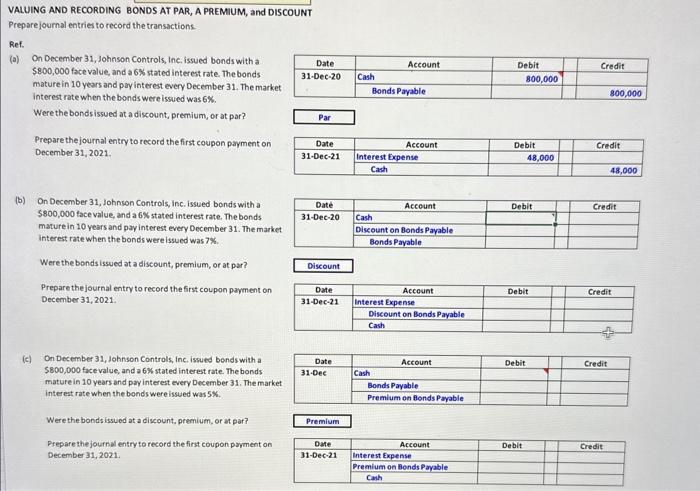 Solved VALUING AND RECORDING BONDS AT PAR, A PREMIUM, And | Chegg.com