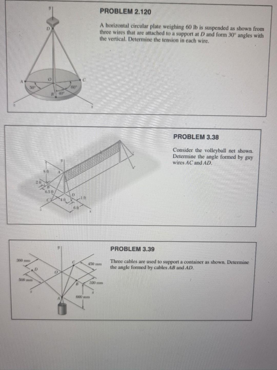 A horizontal circular plate weighing \( 60 \mathrm{lb} \) is suspended as shown from three wires that are attached to a suppo