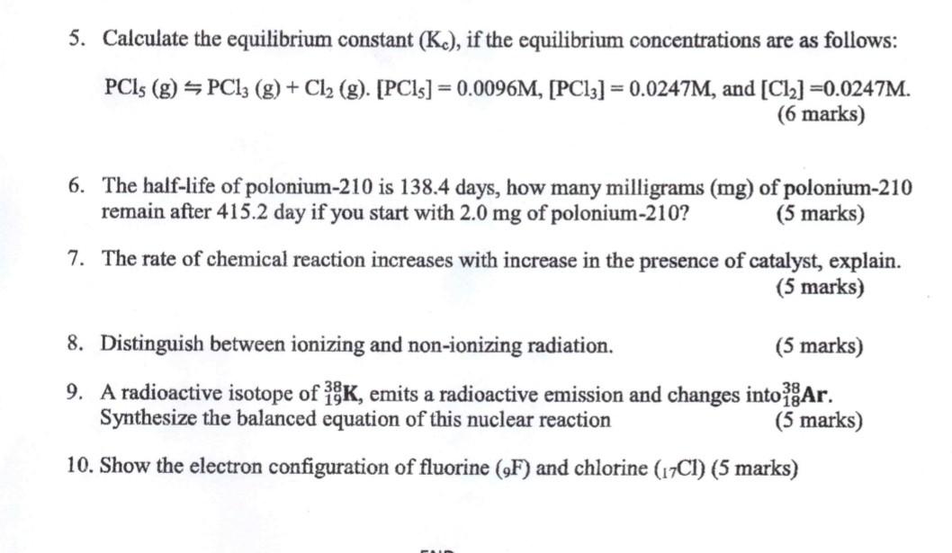 Solved 5. Calculate the equilibrium constant (Kc), if the | Chegg.com