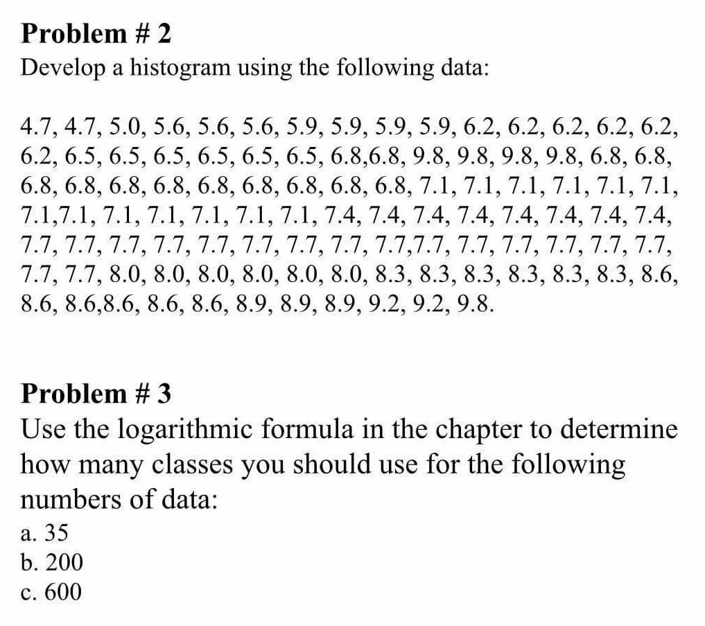 Solved Problem # 2 Develop a histogram using the following | Chegg.com