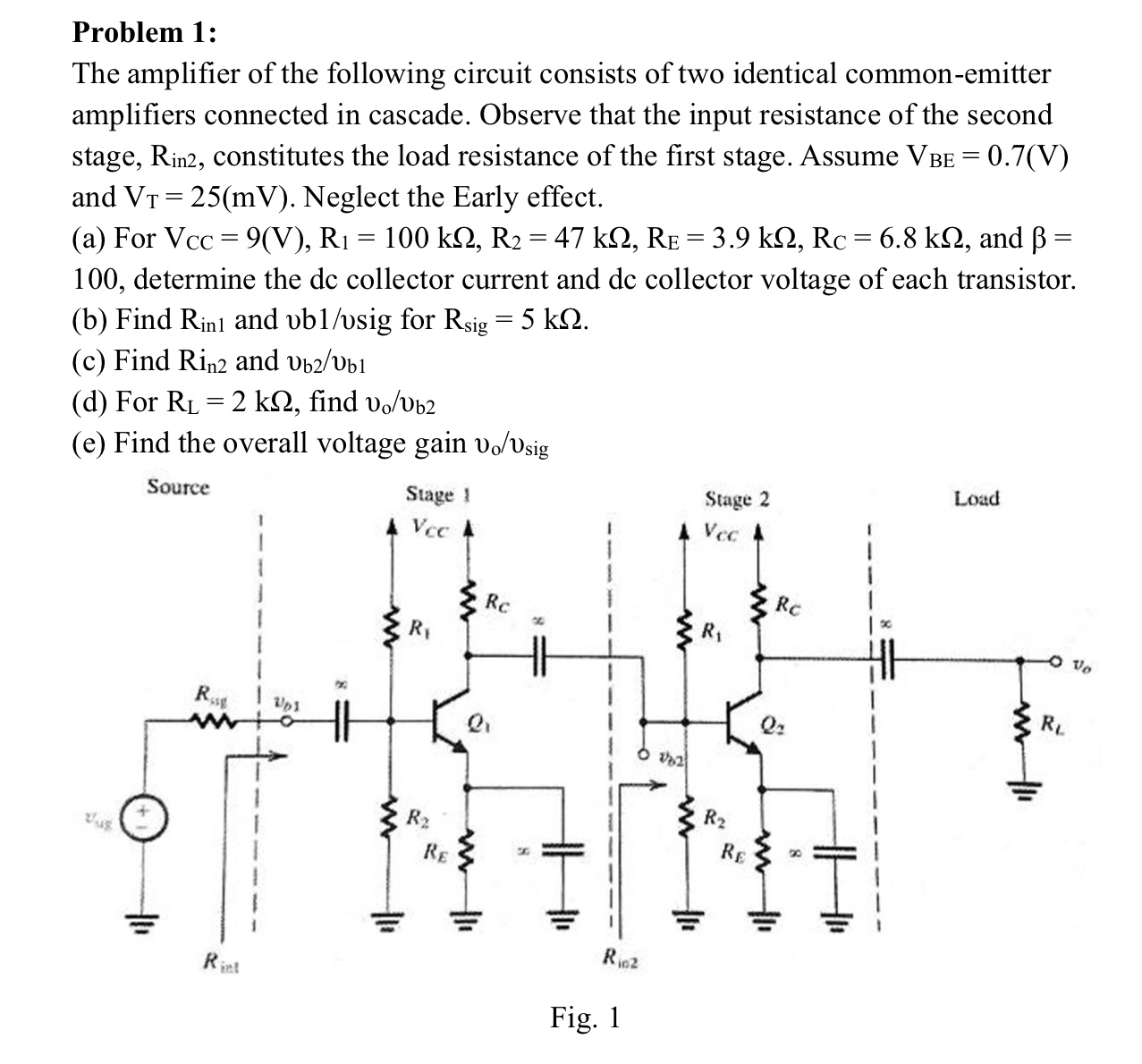 Solved Problem 1:The amplifier of the following circuit | Chegg.com