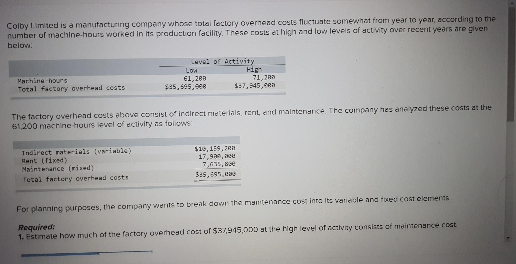 Solved Colby Limited Is A Manufacturing Company Whose Total | Chegg.com