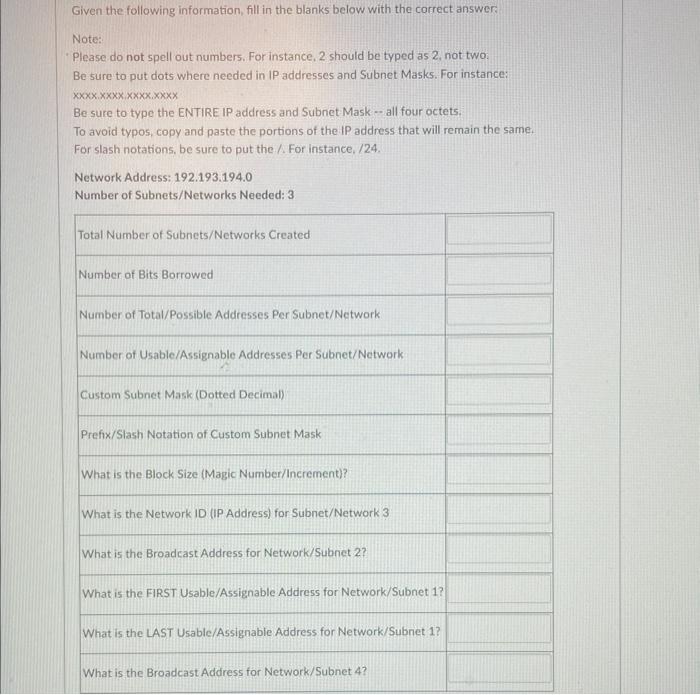 Given the following information, fill in the blanks | Chegg.com