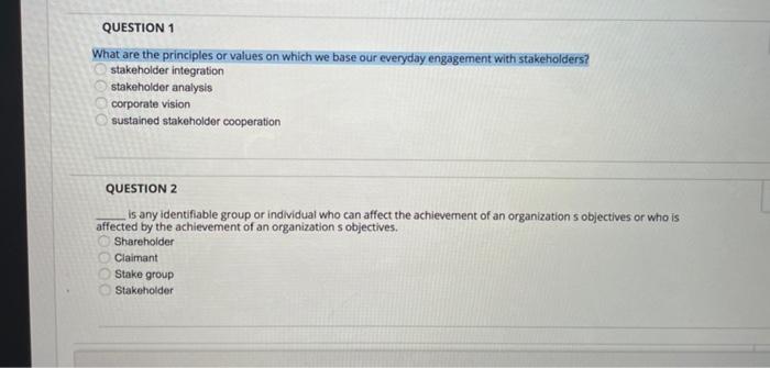 What are the principles or values on which we base our everyday engagement with stakeholders?
stakeholder integration
stakeho