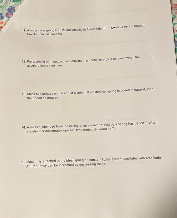 Solved 11. A mass on a spring in SHM has amplitude A and | Chegg.com