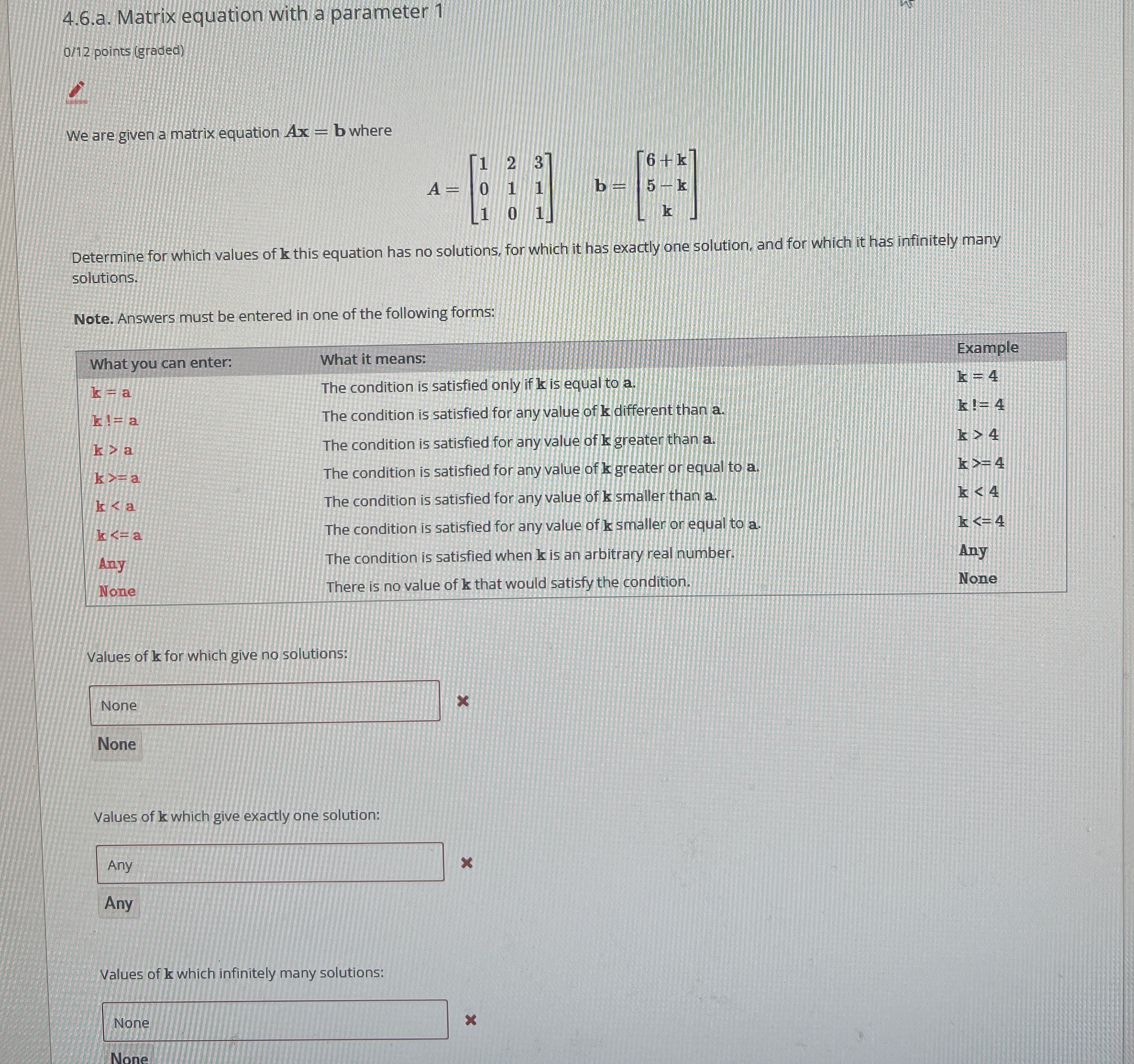 Solved 4.6.a. ﻿Matrix equation with a parameter 1012 ﻿points | Chegg.com
