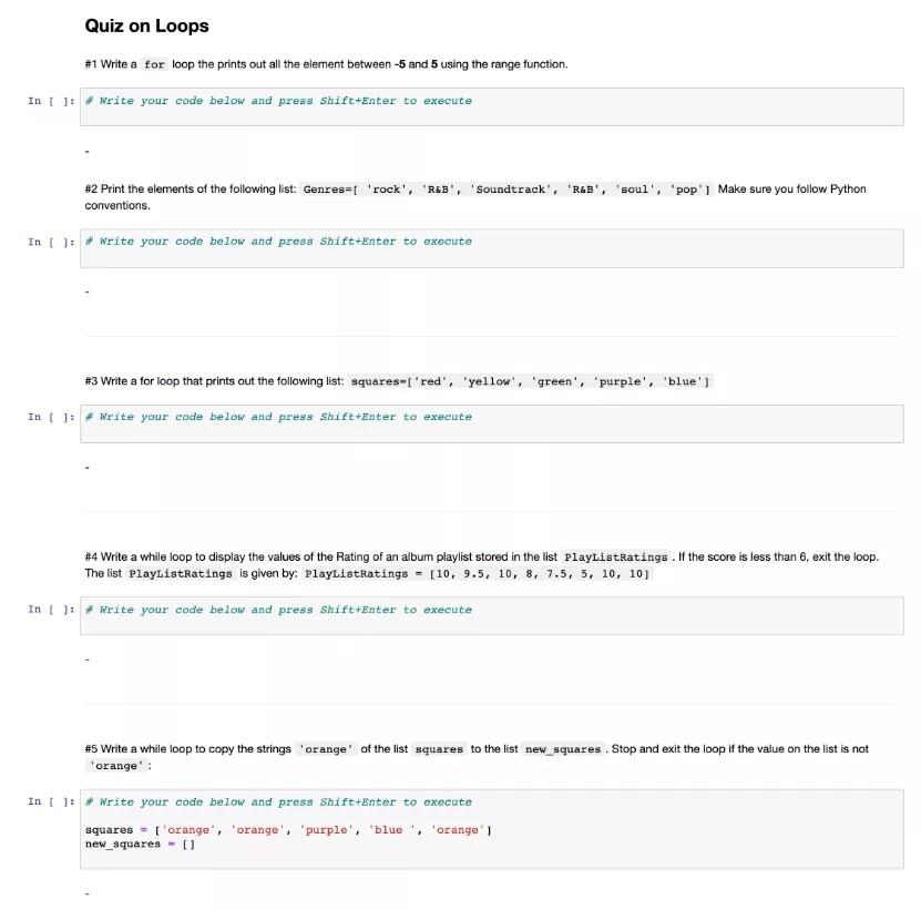 Solved Quiz on Loops #1 Write a for loop the prints out all | Chegg.com