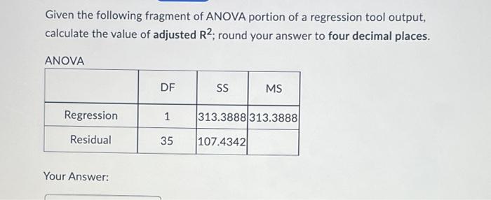 Solved Given the following fragment of ANOVA portion of a | Chegg.com