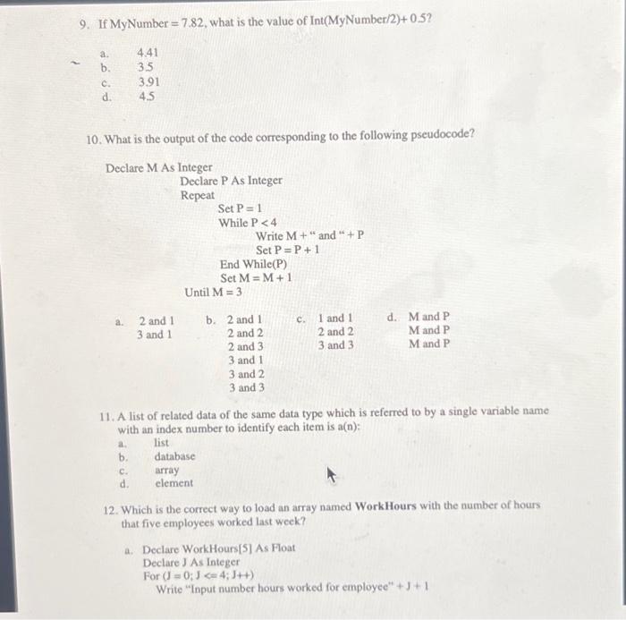 9. If MyNumber =7.82, what is the value of Int | Chegg.com