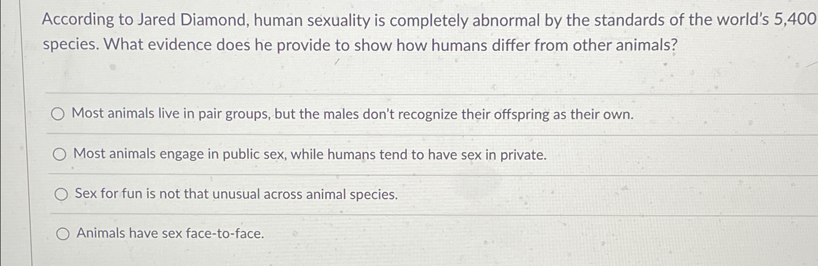 Solved According to Jared Diamond, human sexuality is | Chegg.com