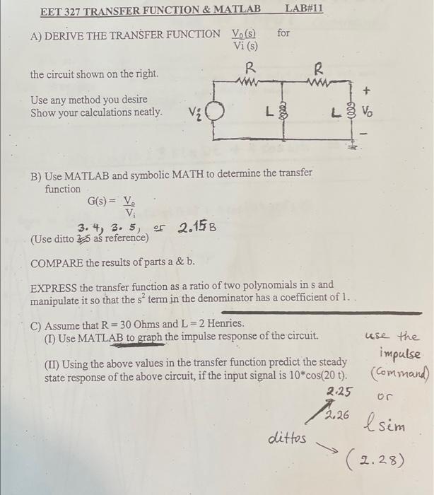 Solved EET 327 TRANSFER FUNCTION \& MATLAB LAB\#11 A) DERIVE | Chegg.com
