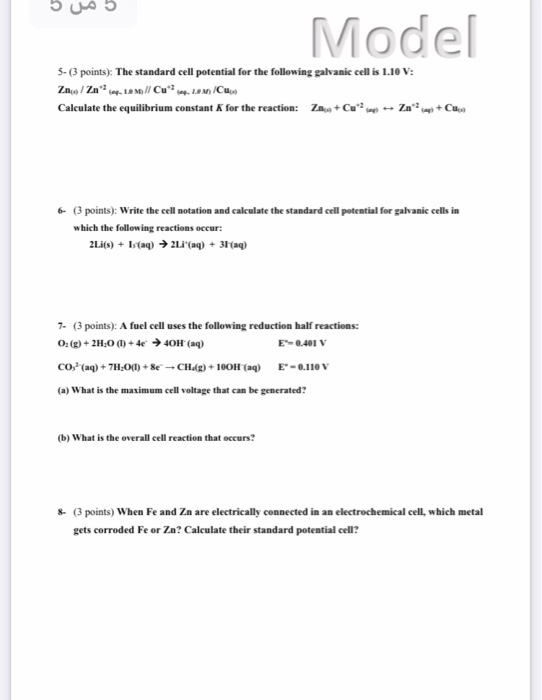 Solved Model 5- (3 points): The standard cell potential for | Chegg.com