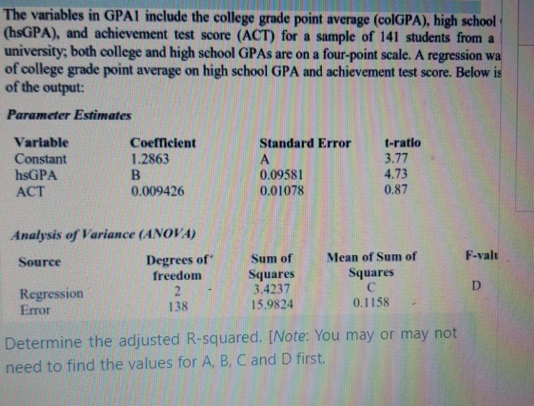 Solved The variables in GPAI include the college grade point | Chegg.com