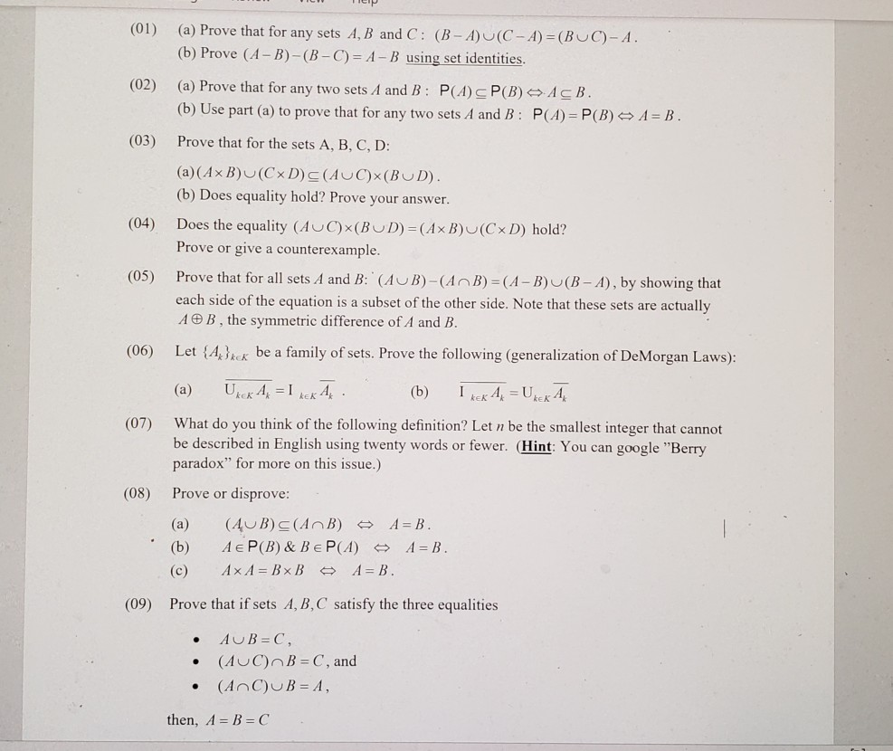 Solved (01) (a) Prove That For Any Sets A, B And C: (B - A) | Chegg.com