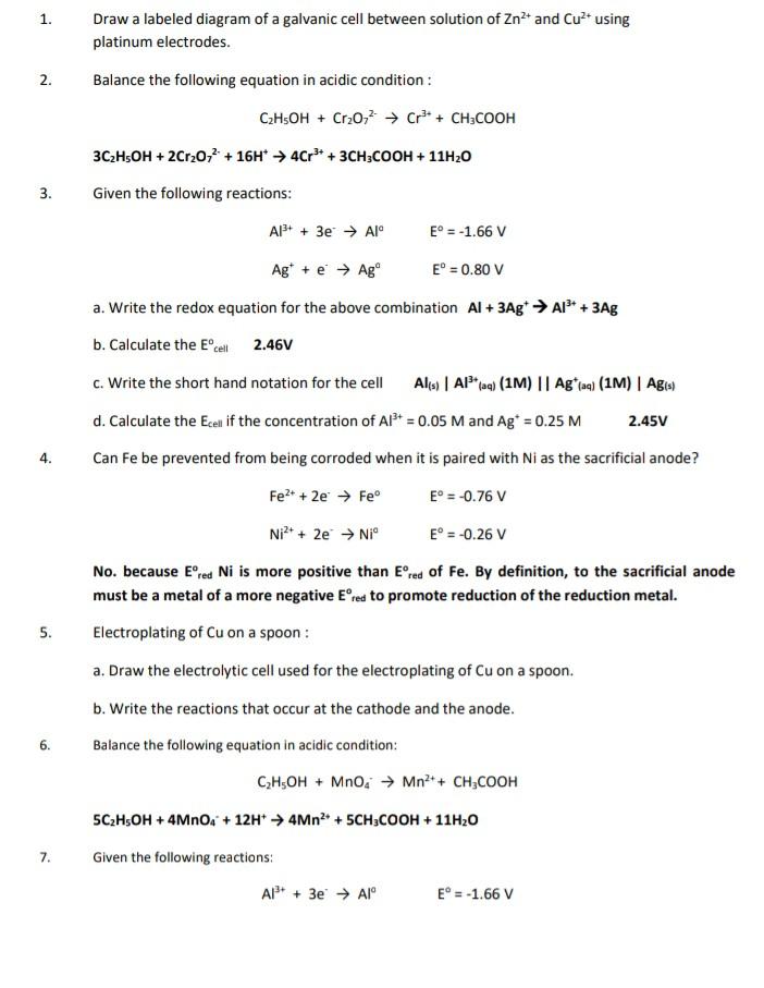 Solved 1. Draw a labeled diagram of a galvanic cell between | Chegg.com