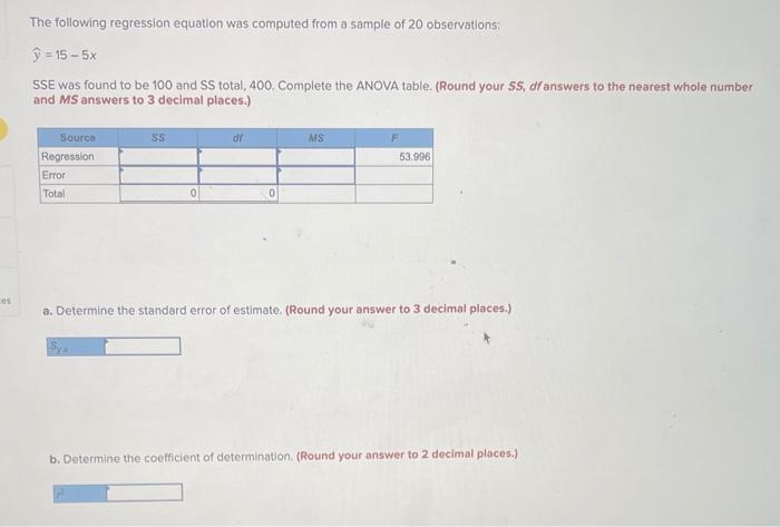 The following regression equation was computed from a sample of 20 observations:
\[
\widehat{y}=15-5 x
\]
SSE was found to be