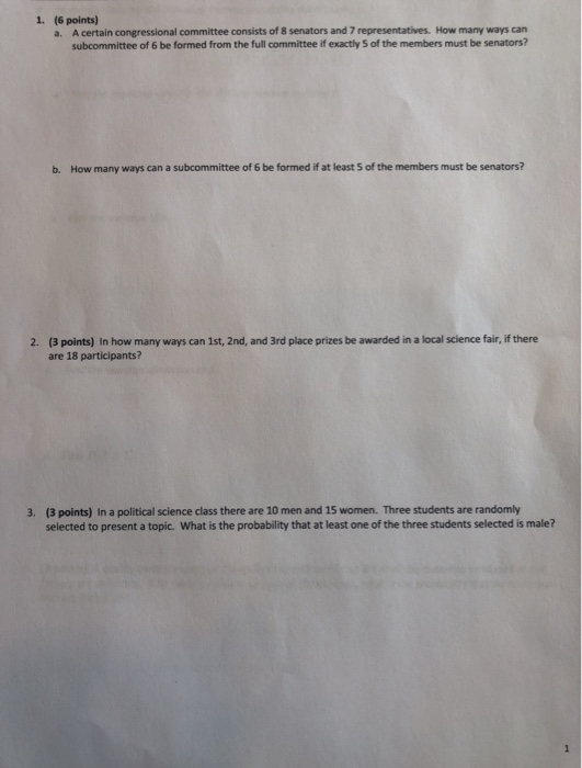 Solved 1. (6 points) a. A certain congressional committee | Chegg.com