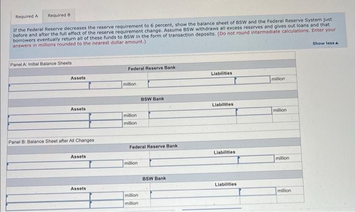 If the Federal Reserve decreases the reserve requirement to 6 percent, show the balance sheet of BSW and the Federal Reserve 