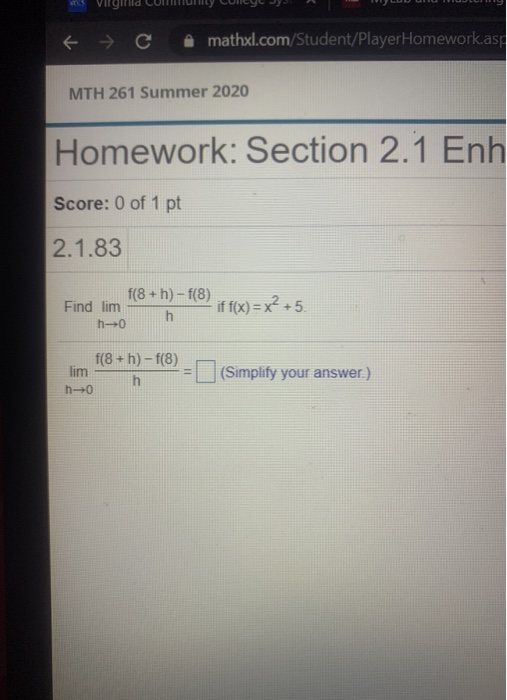 Solved Virgin Mathxl.com/Student/Player Homework.asp MTH 261 | Chegg.com