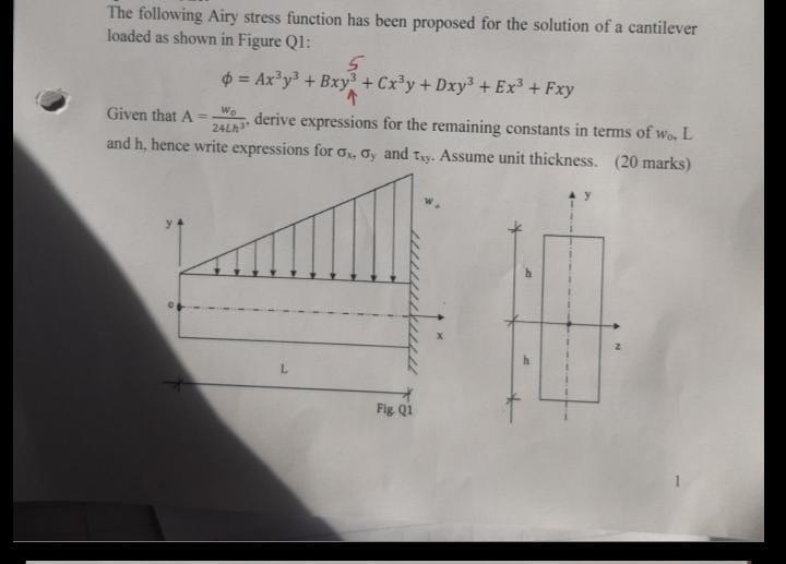 Solved The following Airy stress function has been proposed | Chegg.com