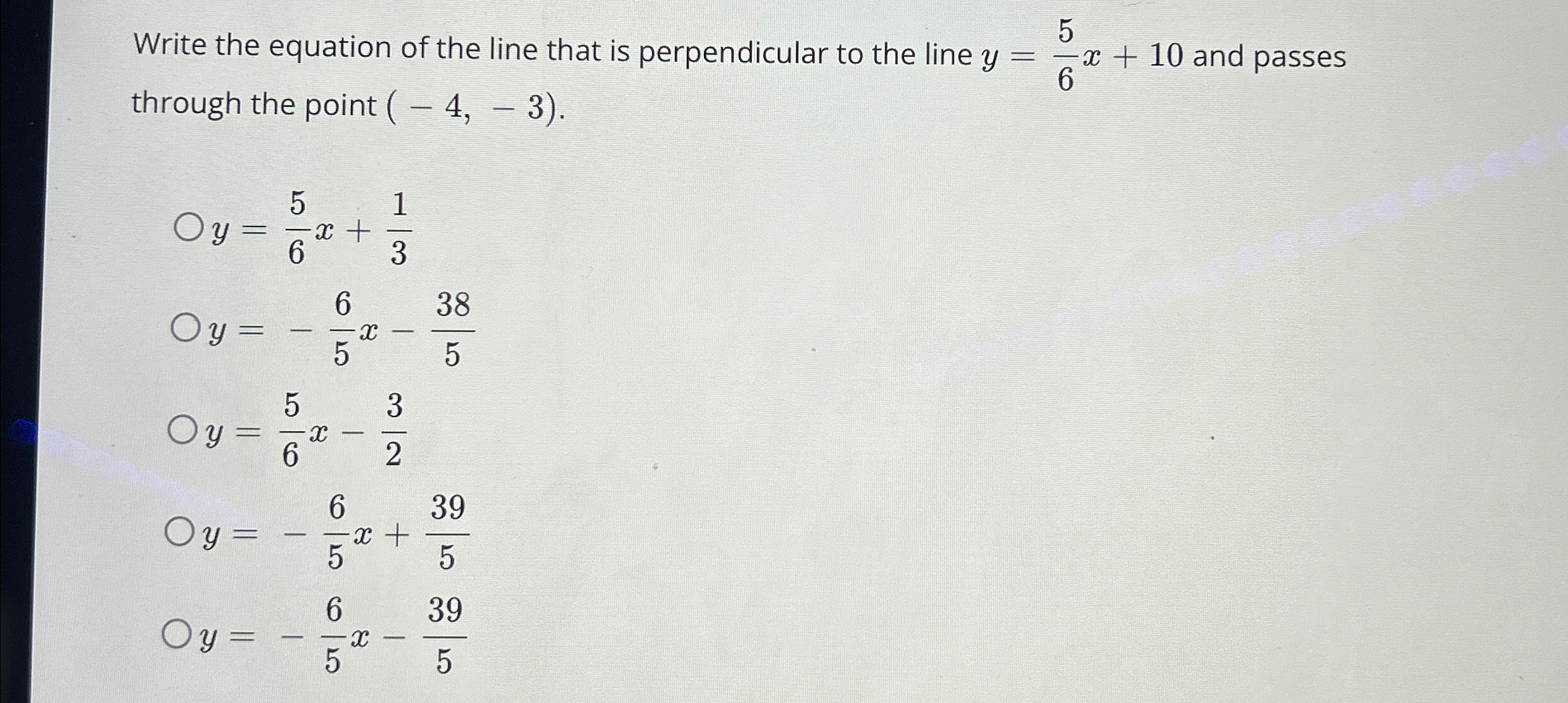 Solved Write the equation of the line that is perpendicular | Chegg.com