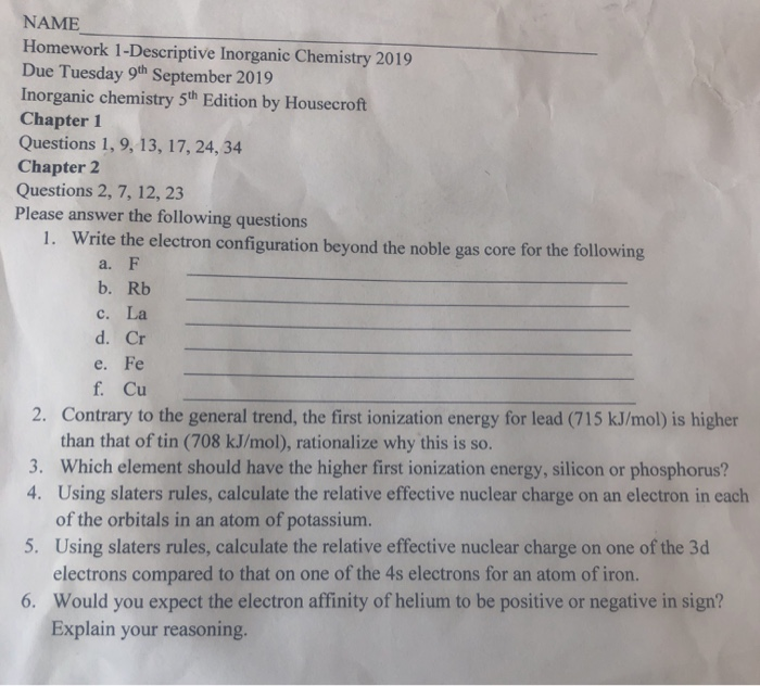 Solved NAME Homework 1-Descriptive Inorganic Chemistry 2019