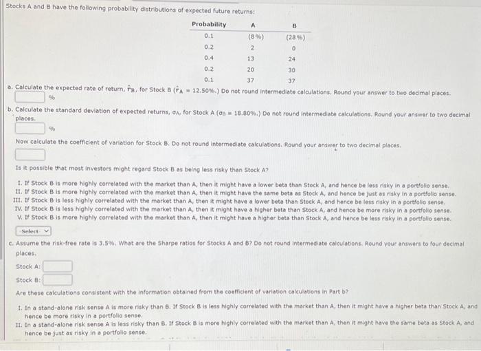 Solved Stocks A And B Have The Following Probability | Chegg.com