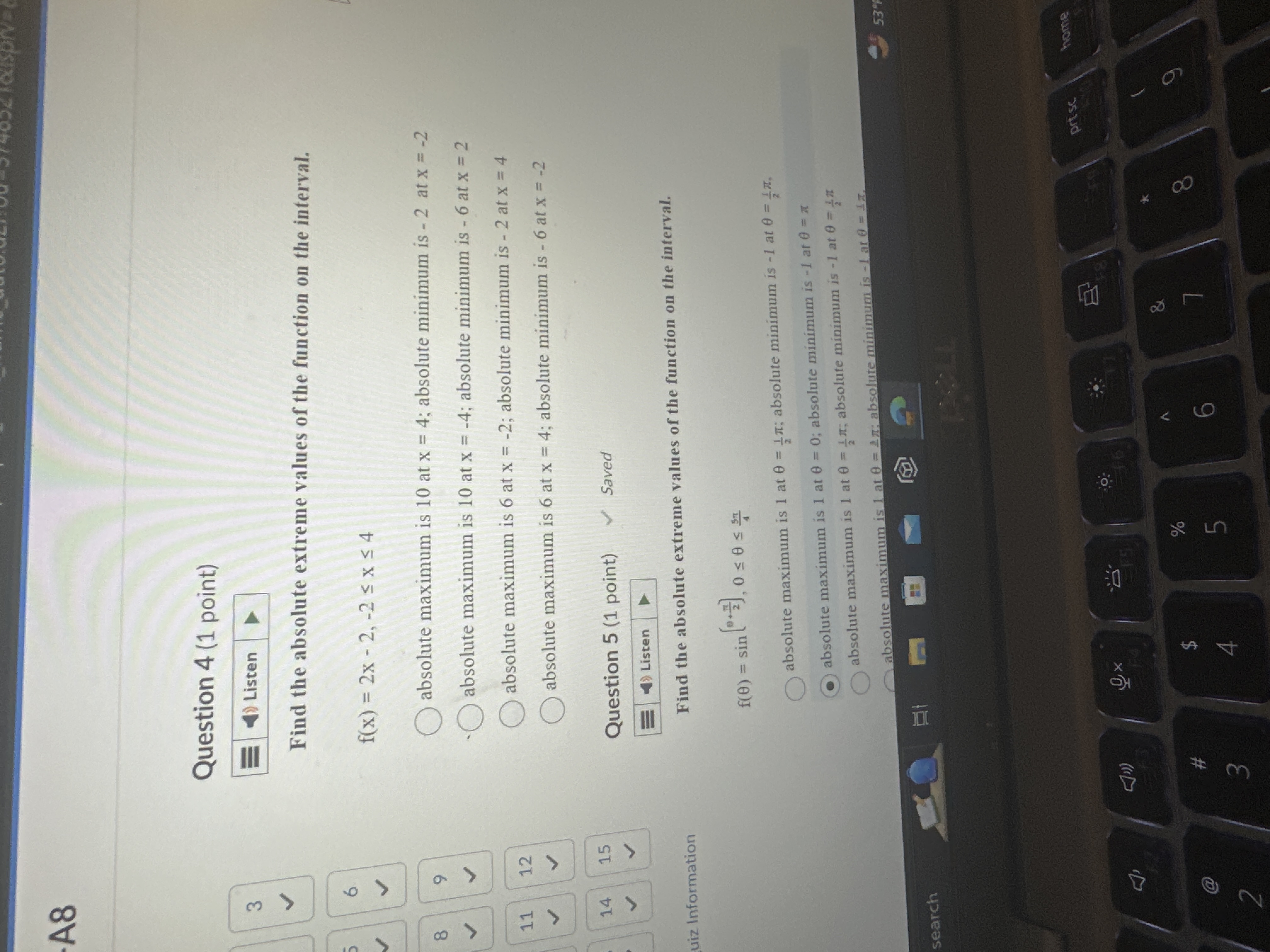Solved Question 4 (1 ﻿point)Find the absolute extreme values | Chegg.com