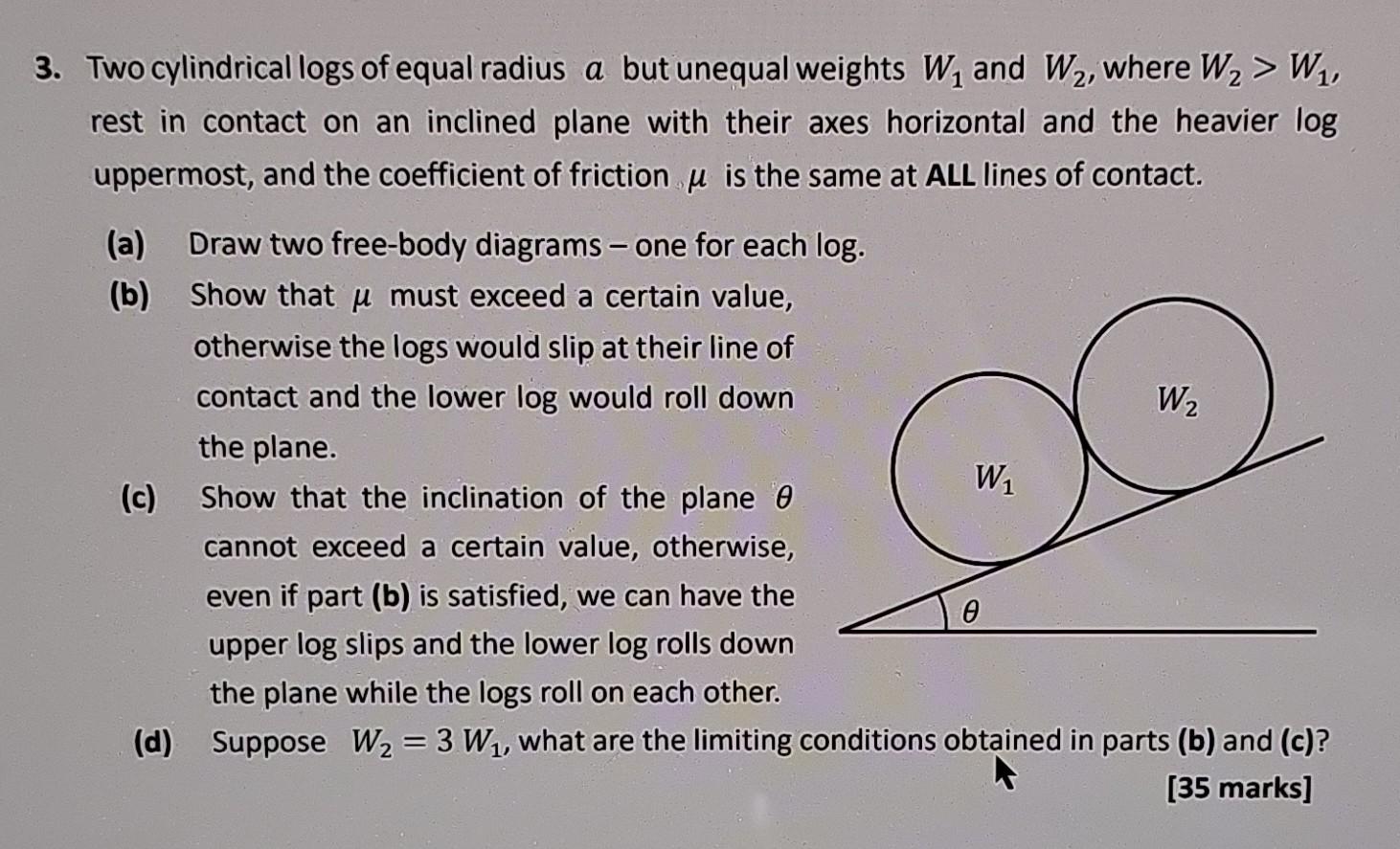 Solved 3. Two cylindrical logs of equal radius a but unequal