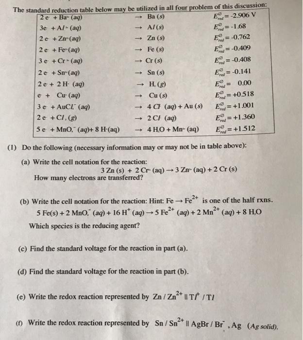 Solved red The standard reduction table below may be | Chegg.com