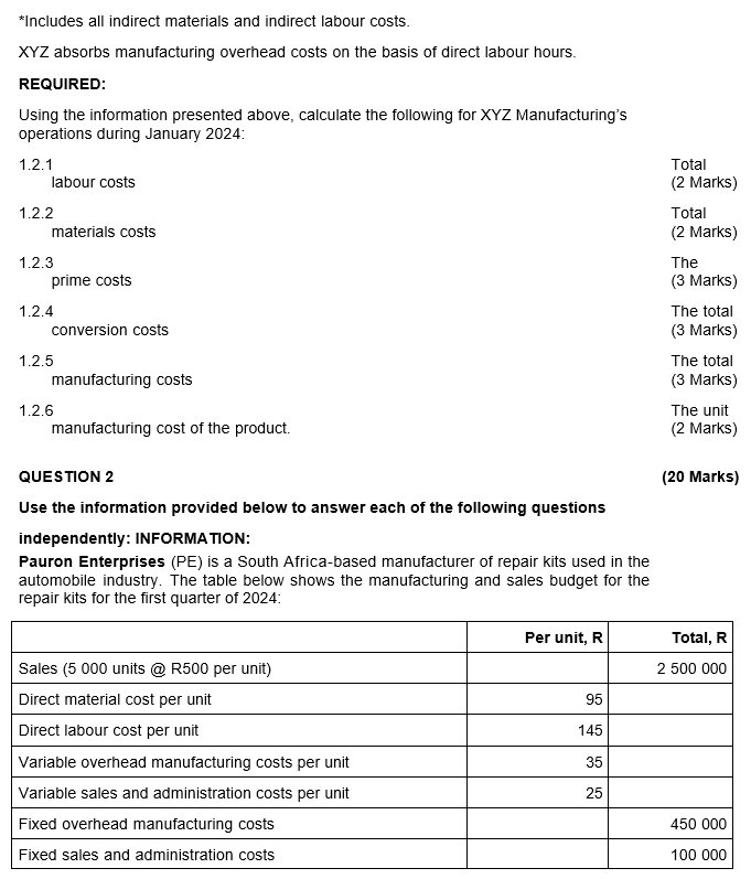 Solved *Includes all indirect materials and indirect labour | Chegg.com