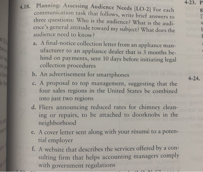 4-23. P b martphones 4-24. ke the 18 Planning: Assessing Audience Needs [LO-2] For each communication task that follows, writ