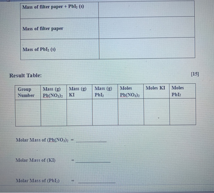 Mass of filter paper + PbI2 () Mass of filter paper