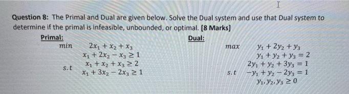Solved I Question 8: The Primal and Dual are given below. | Chegg.com