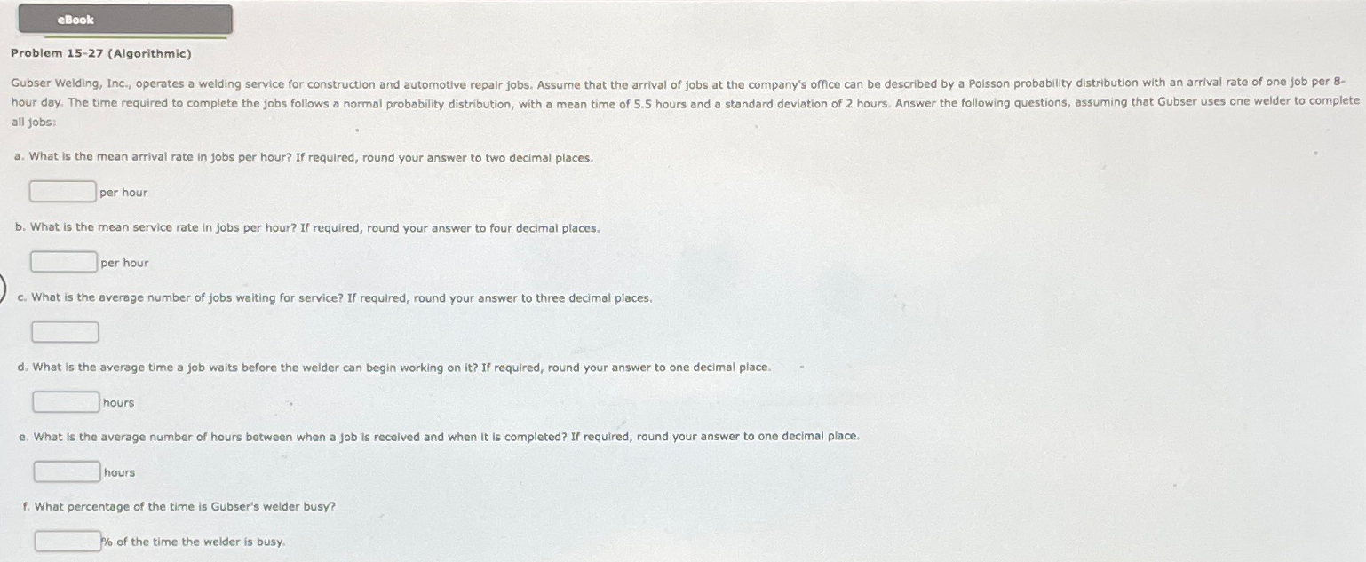 Solved elookProblem 15-27 (Algorithmic) ﻿Gubser Welding | Chegg.com