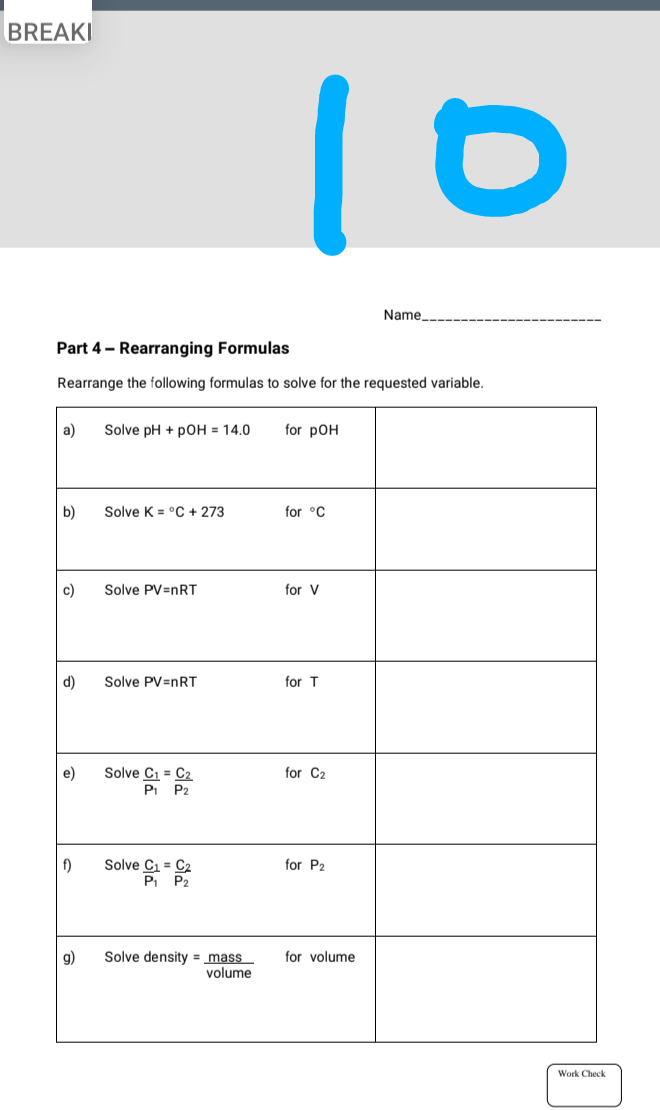 Solved BREAKI 10 Name. Part 4 - Rearranging Formulas | Chegg.com