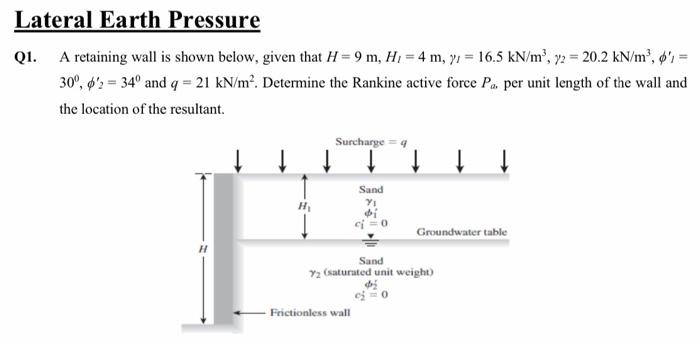Solved Lateral Earth Pressure Q1. A retaining wall is shown | Chegg.com