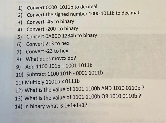 Solved 1) Convert 0000 1011b to decimal 2) Convert the | Chegg.com