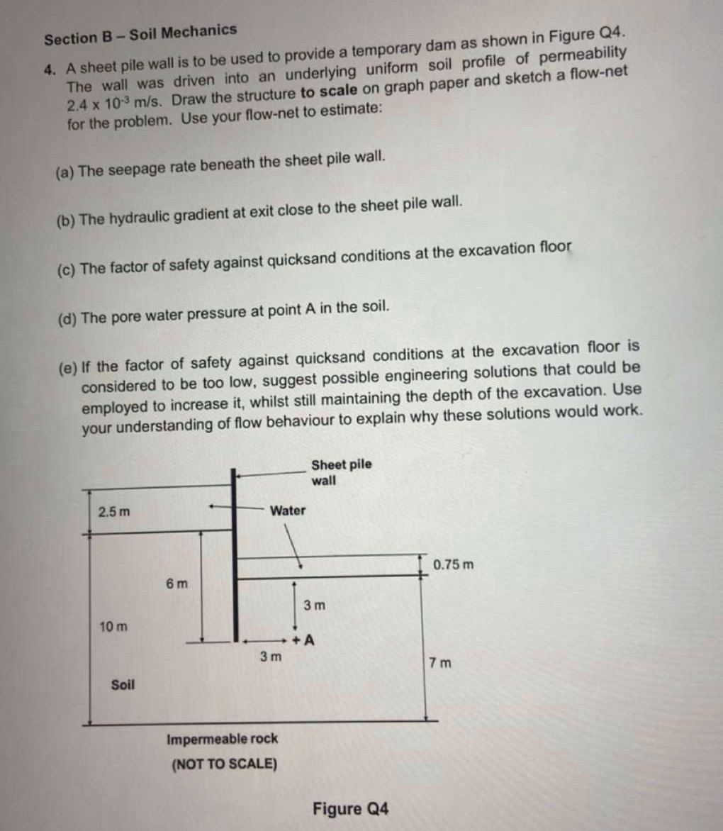 Solved Section B-Soil Mechanics4. ﻿A sheet pile wall is to | Chegg.com