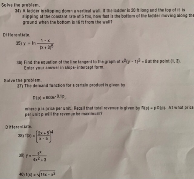 Solved Solve the problem 34) A ladder is slipping down a | Chegg.com