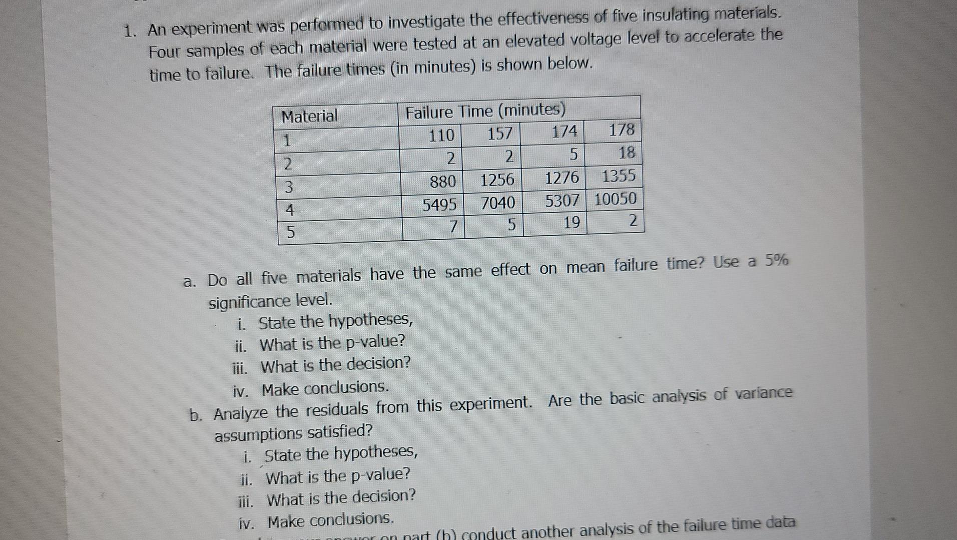 Solved 1. An experiment was performed to investigate the | Chegg.com