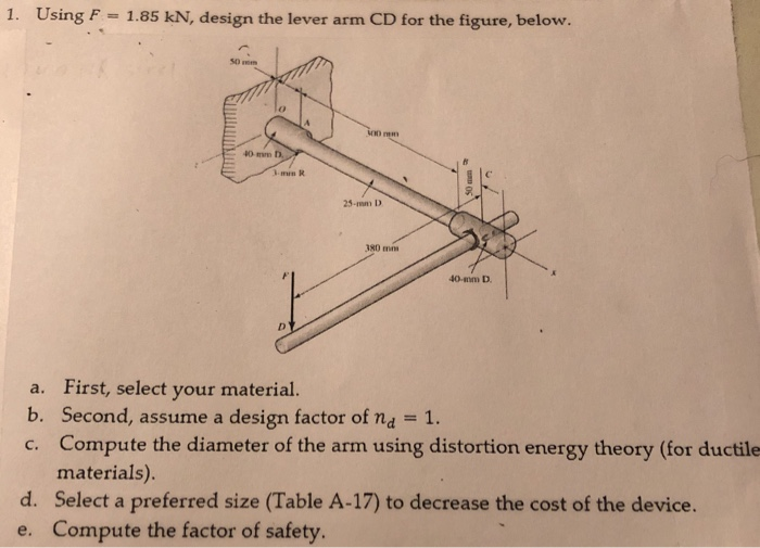 Solved 1. Using F = 1.85 kN, design the lever arm CD for the | Chegg.com