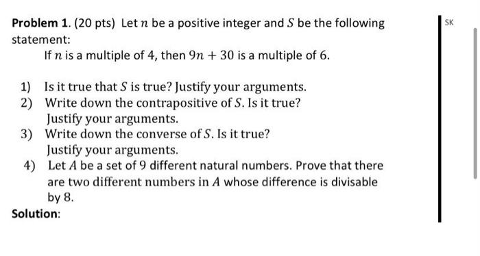 Solved SK Problem 1. (20 pts) Let n be a positive integer | Chegg.com