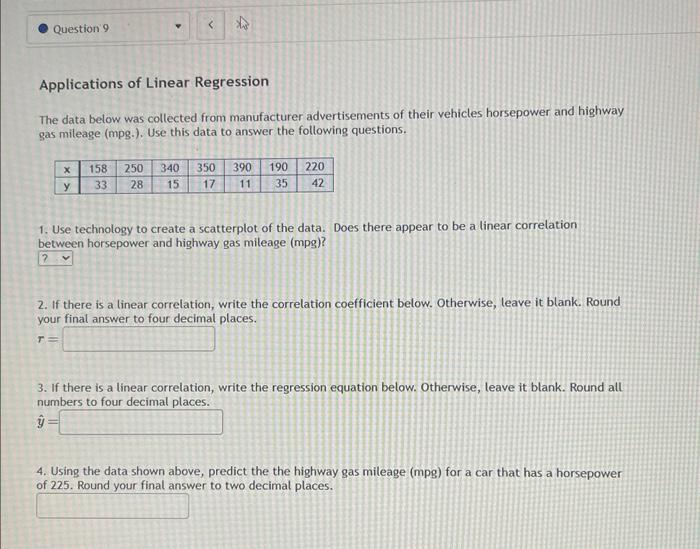 Solved Applications of Linear Regression The data below was | Chegg.com