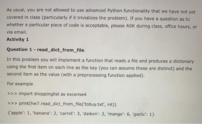 Solved As usual, you are not allowed to use advanced Python | Chegg.com