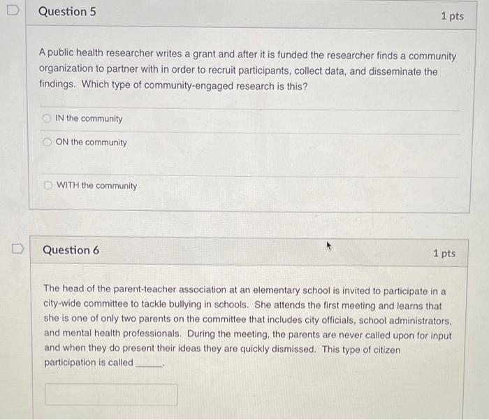 Solved D Question 5 1 pts A public health researcher writes | Chegg.com